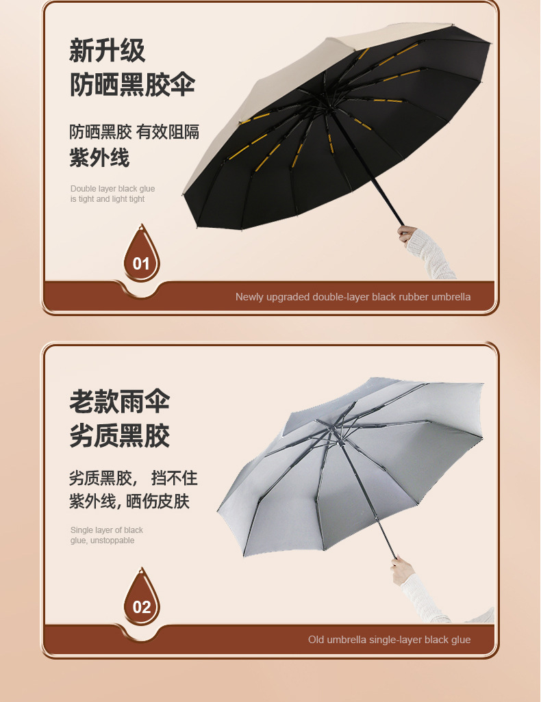 伞批发雨伞防晒遮阳伞黑胶三折反向女生太阳伞晴雨两用自动伞工厂详情70