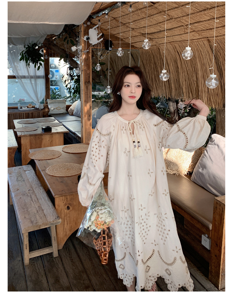 Real photo of a retro, gentle, cut-out embroidered V-neck apricot-colored dress, 2025 new seaside vacation style long-sleeved umbrella dress pic 41