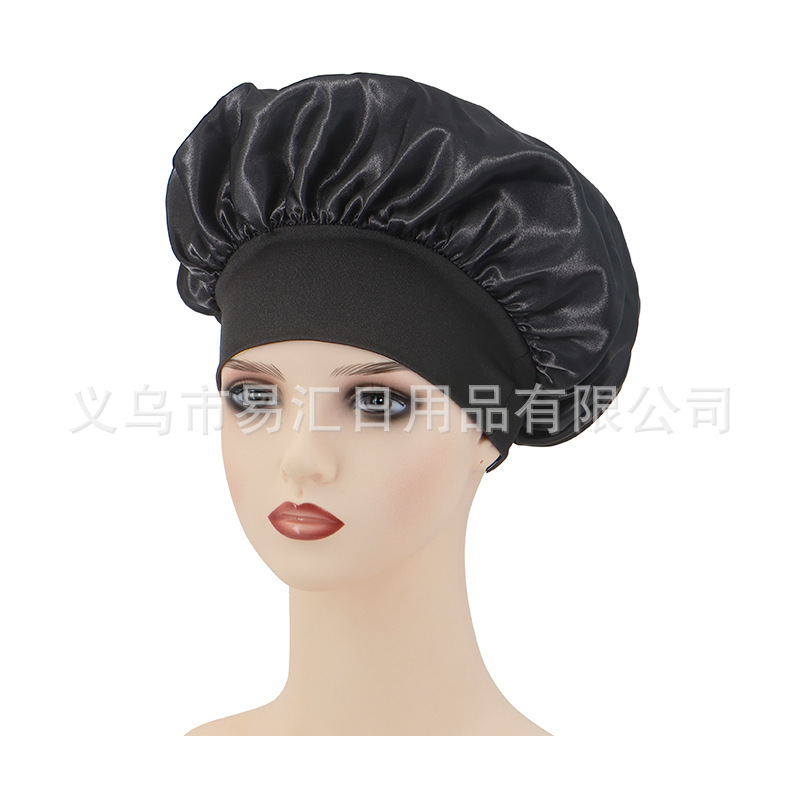 跨境热卖纯色宽边弹力成人睡帽 男女时尚护发美容浴帽色丁帽详情7