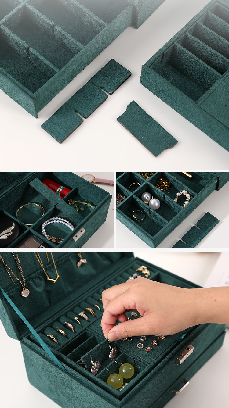 绒布首饰盒三层带锁珠宝项链收纳盒手表耳饰耳钉戒指盒大容量详情12