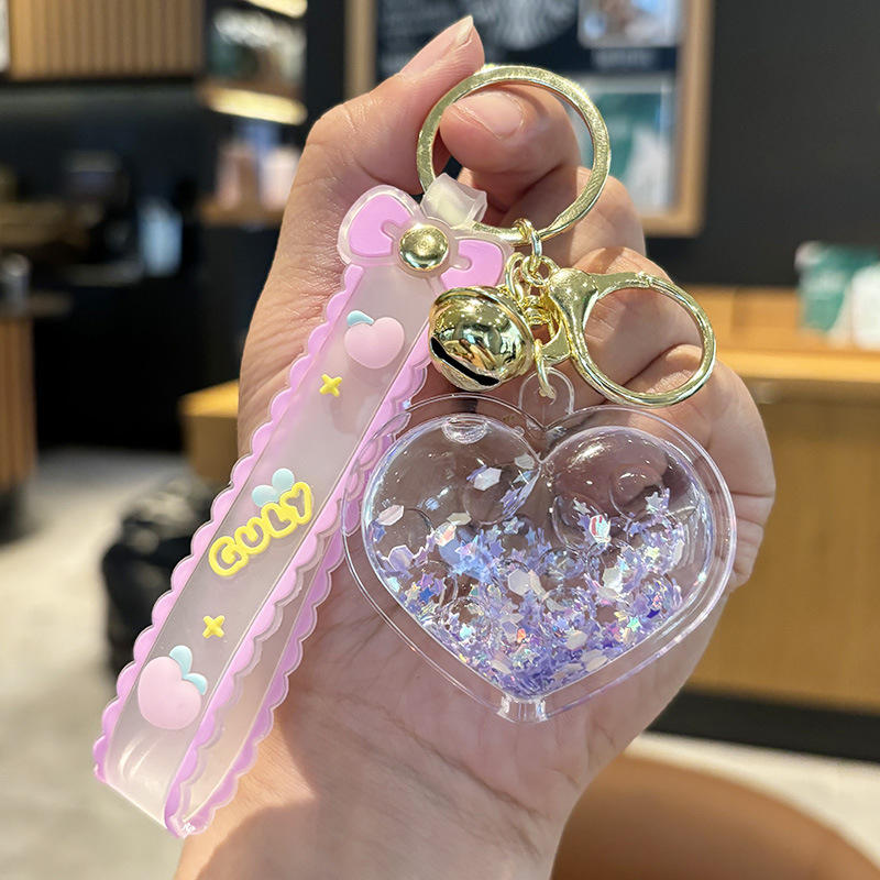 创意亚克力可爱爱心钥匙扣液体入油流沙钥匙链汽车挂件挂饰批发详情6