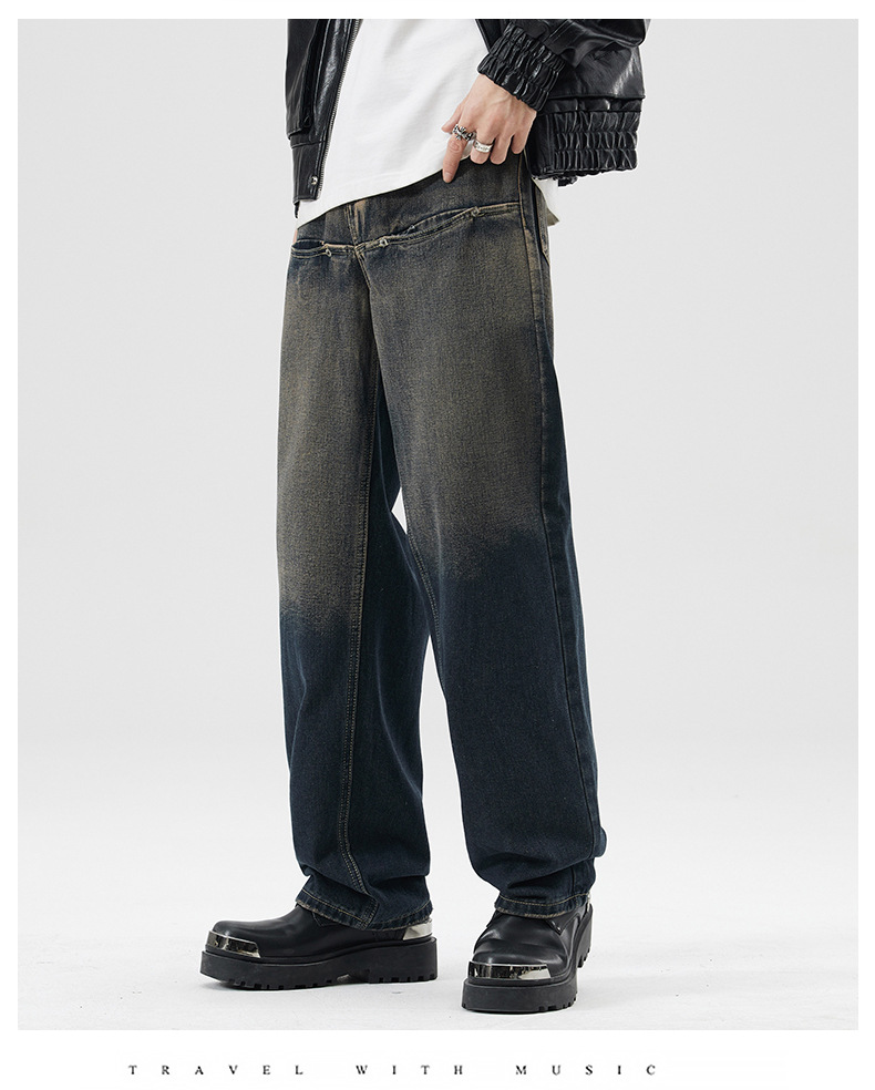 春季怀旧美式高街复古牛仔裤男士潮牌宽松直筒个性设计感做旧裤子详情11