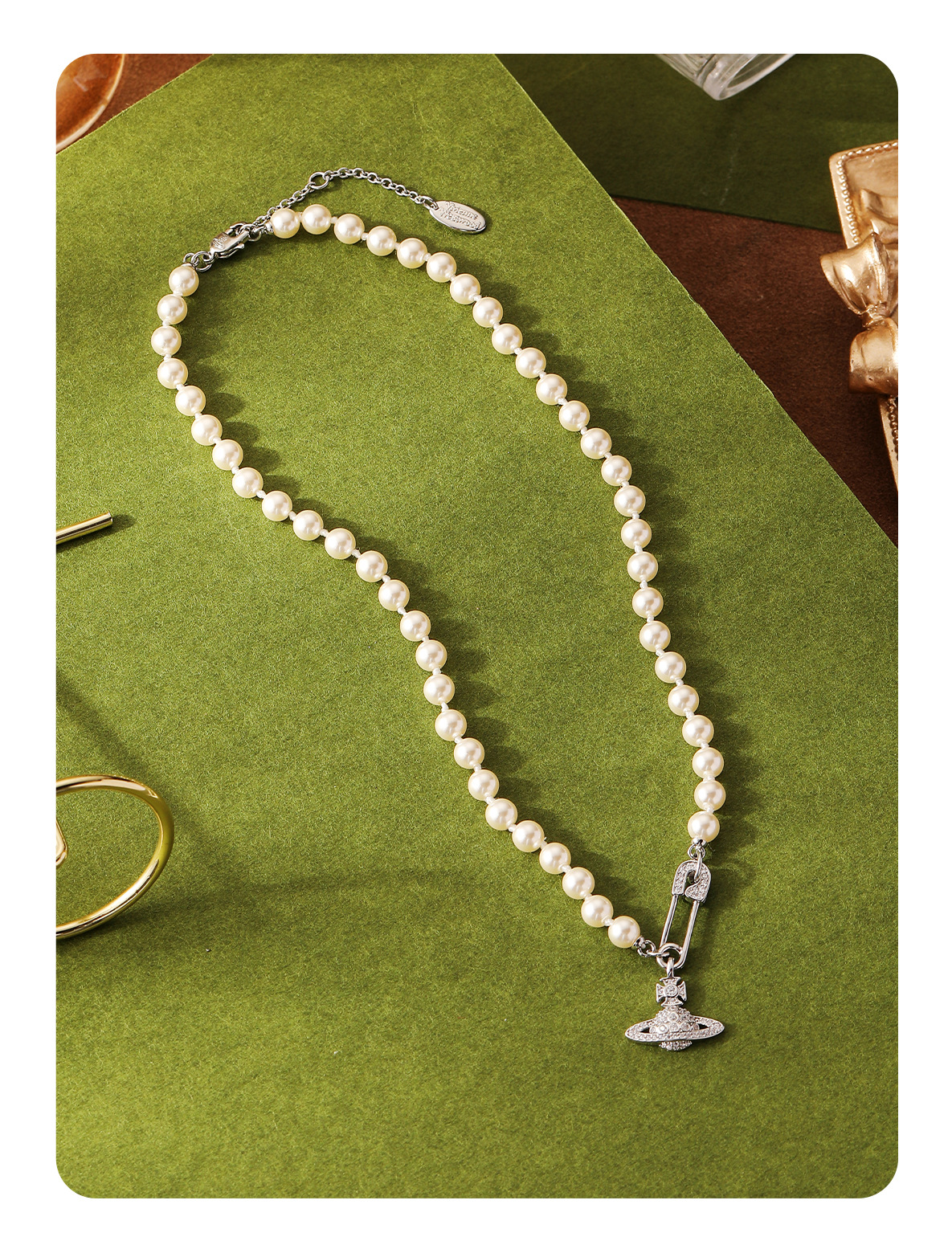 经典满钻西太后珍珠项链别针复古锁骨链时尚小众轻奢土星项链手链详情6