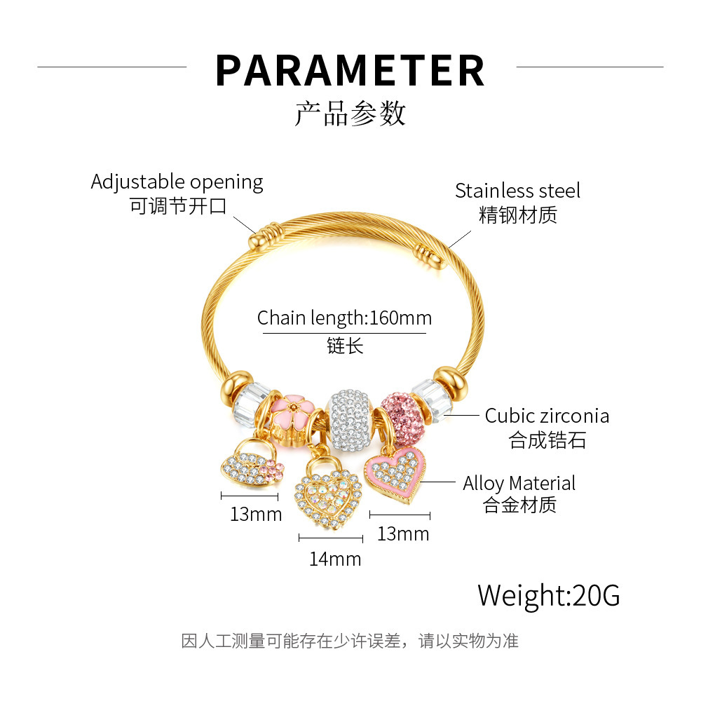 opk饰品欧美不锈钢个性钢丝圈闺蜜手环 轻奢镶钻爱心合金配件手镯详情4