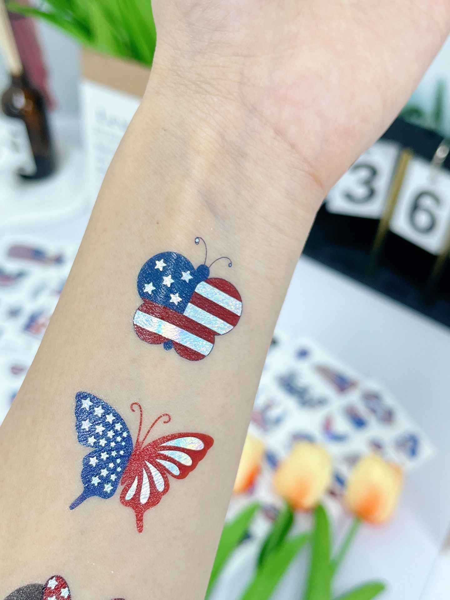 跨境新款现货烫银美国独立日纹身贴国旗脸贴派对节日礼品纹身贴纸详情2