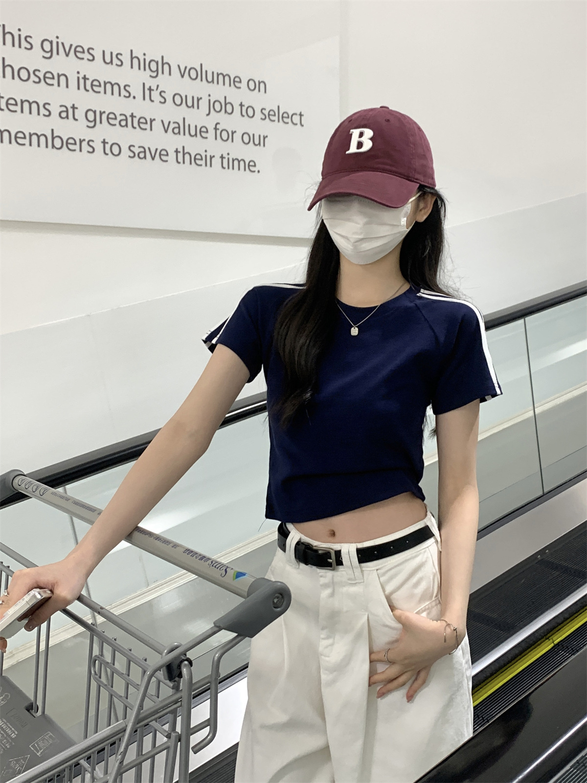 美式2024夏季新款韩版圆领修身插肩杠条显瘦百搭短袖T恤女装上衣详情9