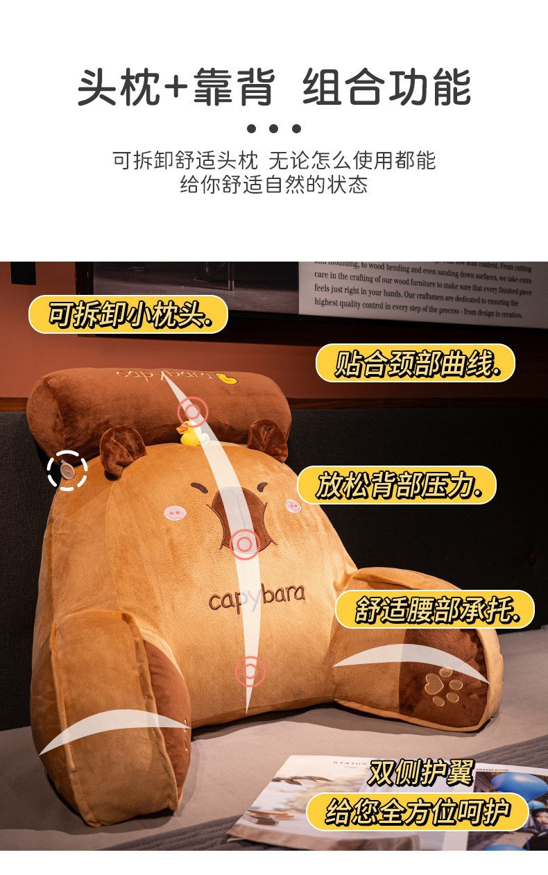 新款水豚卡皮巴拉创意靠垫毛绒玩具腰靠冰丝乳胶汽车腰枕垫抱枕女详情6