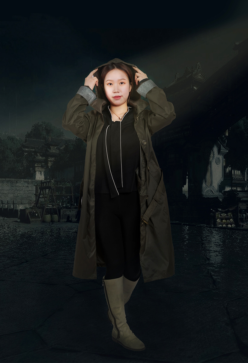 日本外贸两层雨衣弹力春亚纺PU涂层防水雨披现货批发出口详情1