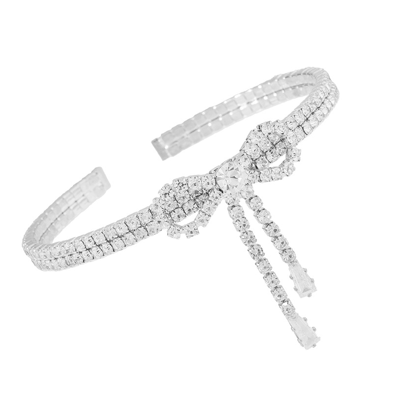 Korean InS-style bow diamond-encrusted bracelet with adjustable tassel opening elasticity, cross-border fashion design sense, rhinestone zircon claw chain pic 10