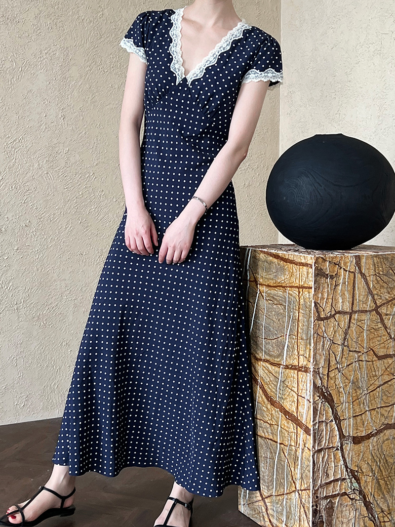 鹿西 法式蕾丝花边拼接连衣裙夏季V领气质波点收腰显瘦长裙子8677详情29