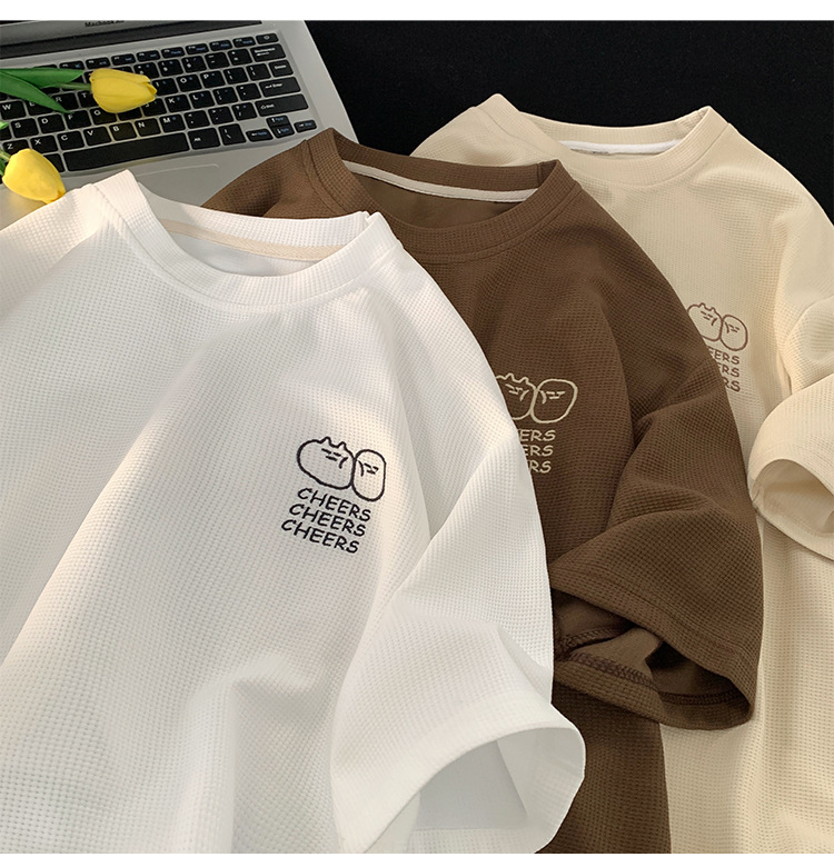 Waffle large-sized short-sleeved T-shirt for men, summer Korean style trendy clothing, printed loose half-sleeved American heavyweight T-shirt pic 18