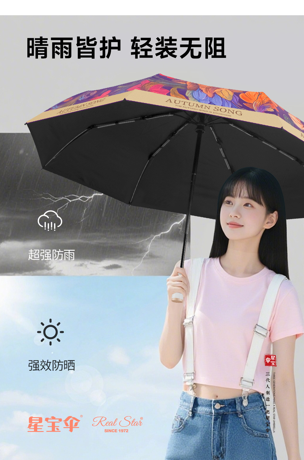 富贵繁花三折便携女士遮阳伞晴雨两用自开收油画太阳花伞防风防雨日用百货详情10