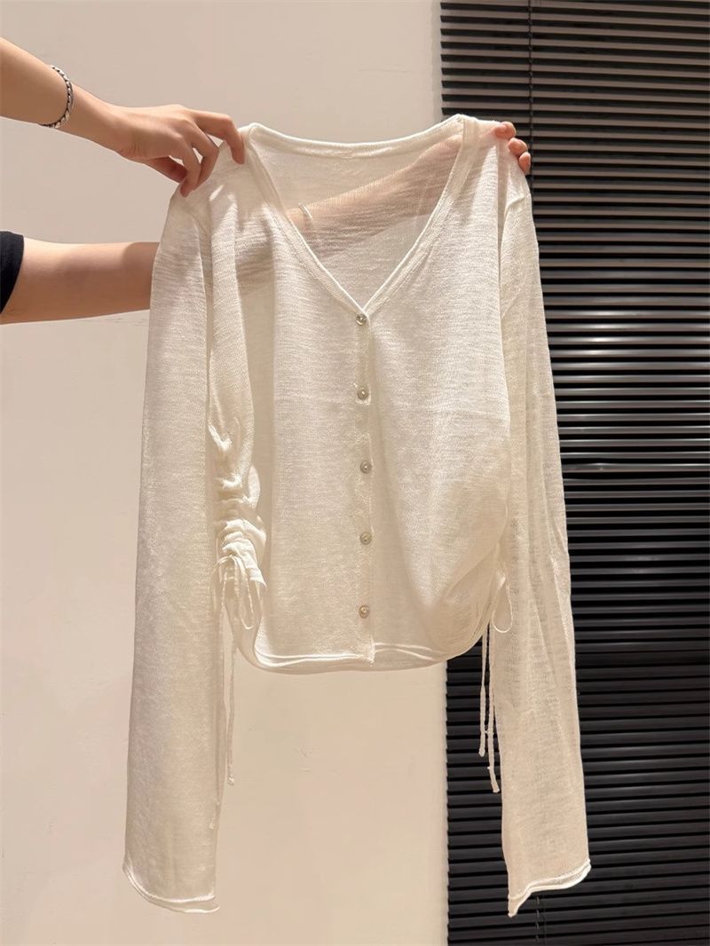 奥特莱斯~大牌余单V领防晒针织长袖开衫女潮夏季新款抽绳薄款上衣详情12