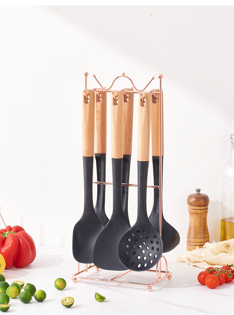 榉木柄硅胶厨具7件套不粘锅专用汤勺捞篱家用铁架硅胶厨房套装热详情2