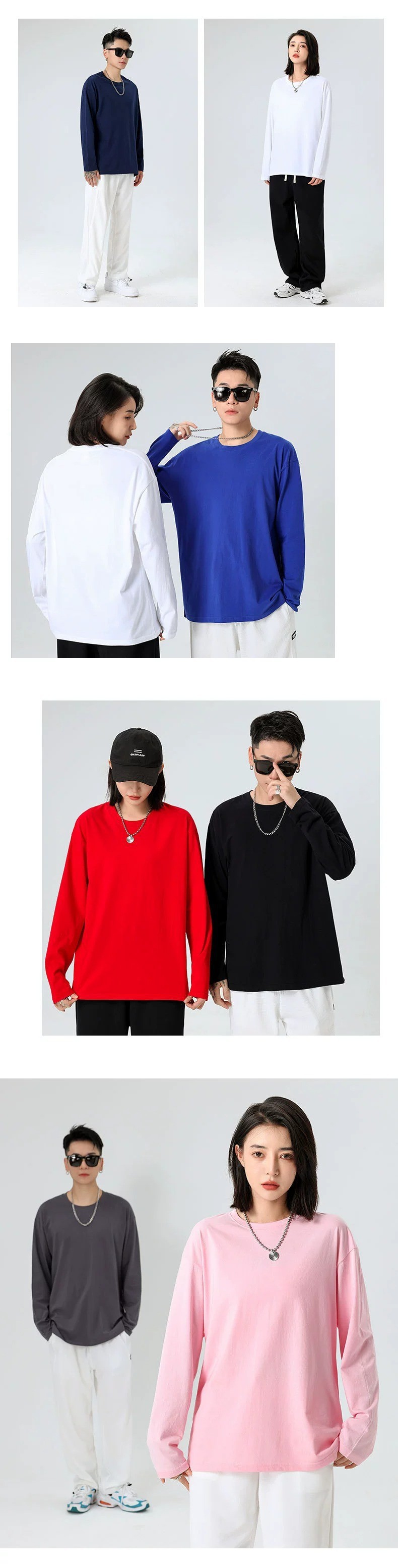 220g pure cotton top, T-shirt, long-sleeved solid color, loose and casual, round-neck, autumn and winter trendy brand base layer for men and women pic 9