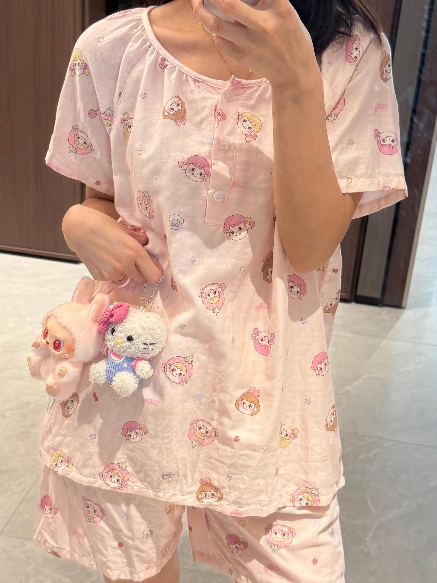 Class A all-cotton double-layer yarn round-neck pajamas, short sleeves, long sleeves, shorts, long pants, postpartum home wear set, cartoon breathable pic 19