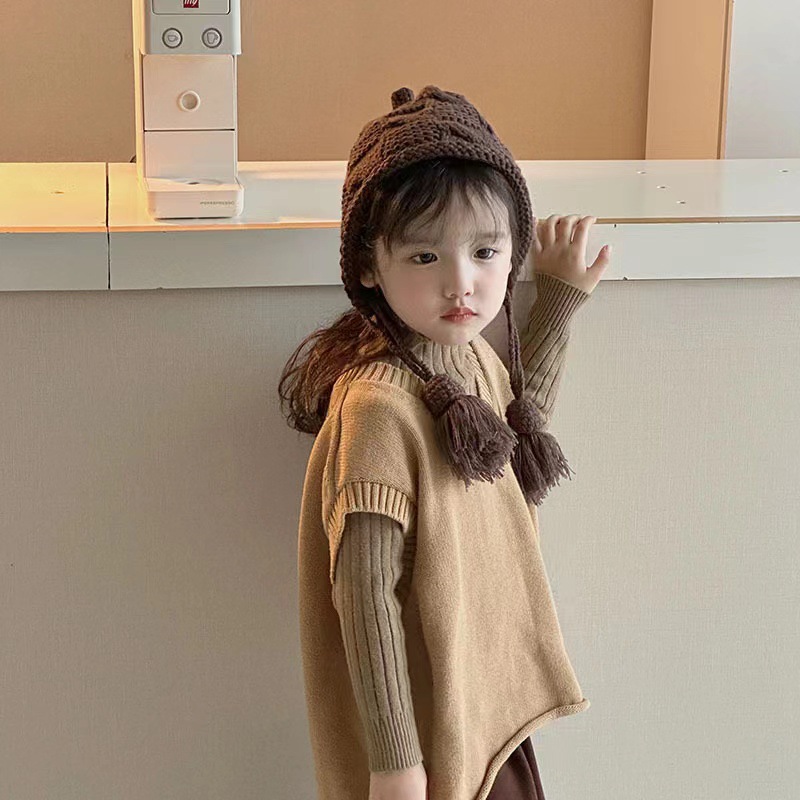 女童秋冬加厚流苏系带套头帽洋气手工针织帽新年红色帽保暖包头帽详情3