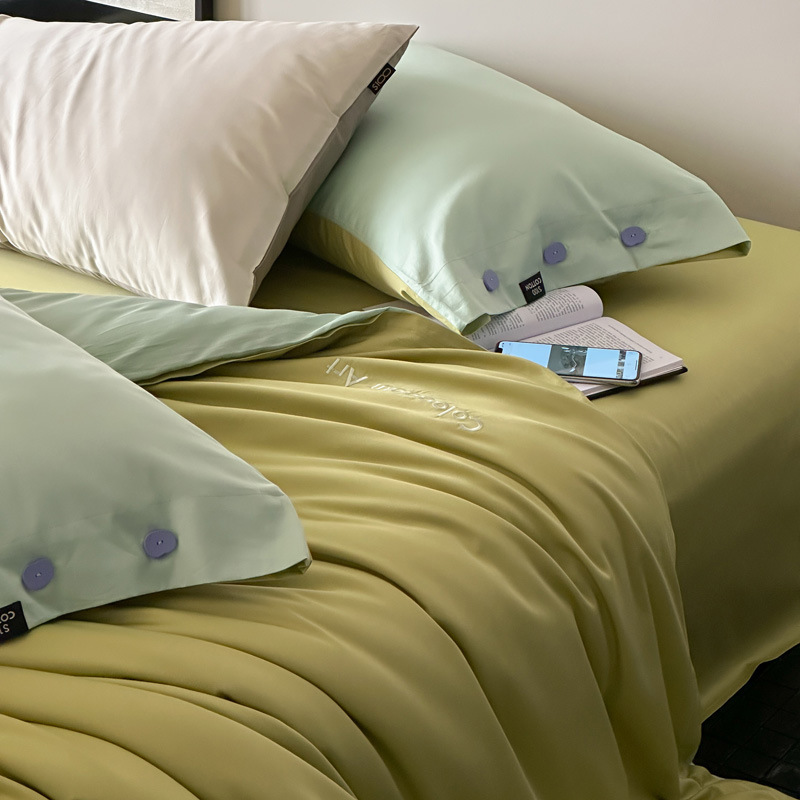 Simple, light luxury and fashionable solid-color long-staple cotton four-piece set, pure cotton letter-embroidered duvet cover, double bedding pic 79