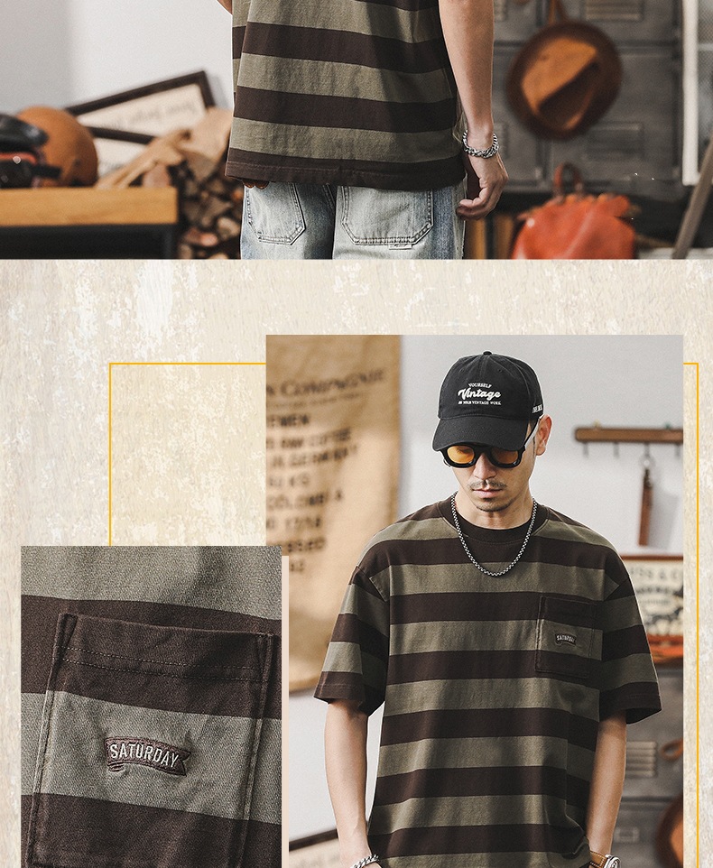 32支双纱平纹纯棉T恤男短袖夏季美式复古重磅宽松大码条纹男体恤详情12