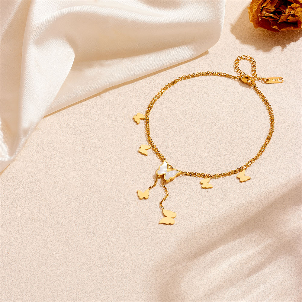 欧美时尚钛钢多个蝴蝶项链脚链不锈钢双层链蝴蝶流苏项链脚链饰品详情2