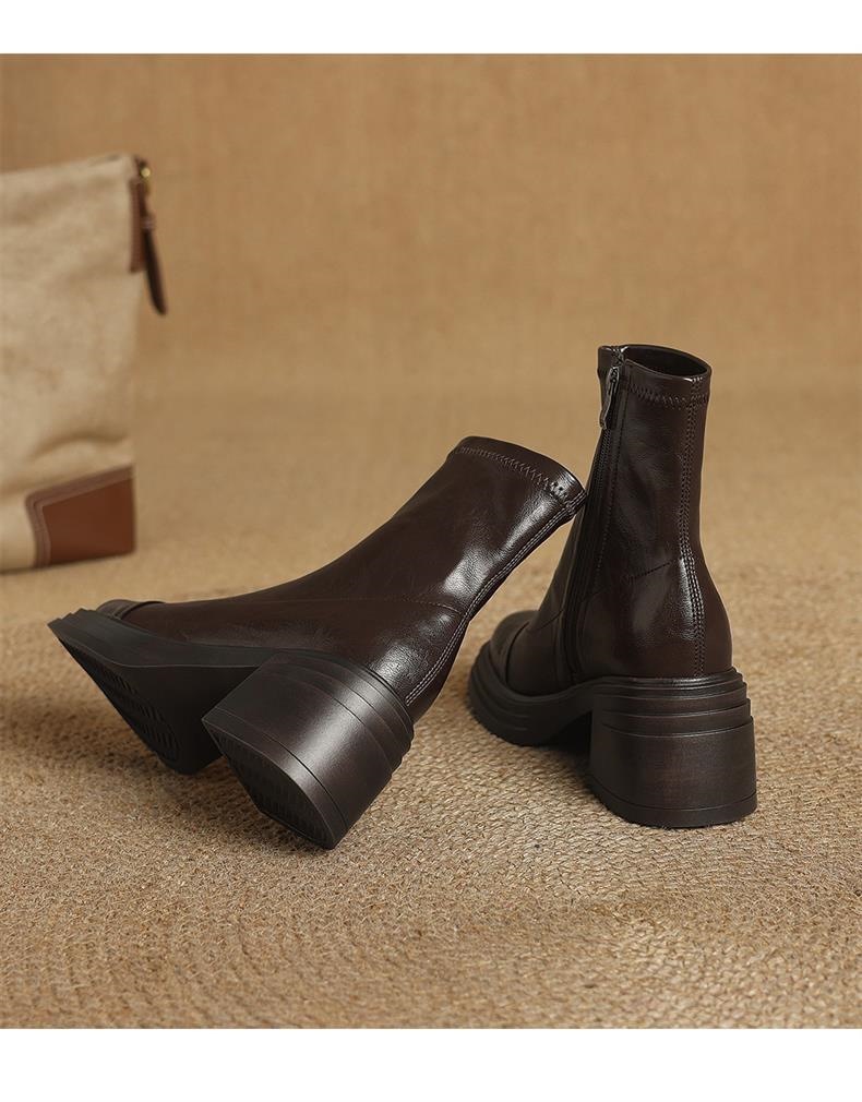 头层牛皮真皮弹力新款瘦瘦靴大码粗跟高跟短靴女秋冬厚底马丁靴详情26