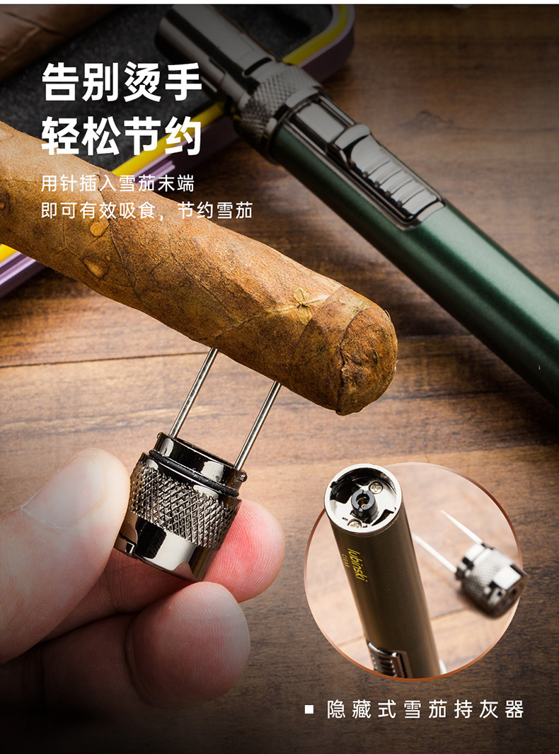 LUBINSKI cigar lighter, multi-functional portable direct-flush lighter with hole opener and ash-holding needle pic 7