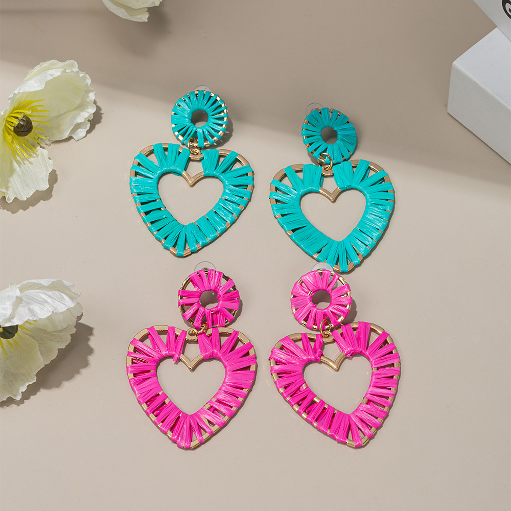 厂家直供欧美潮流气质拉菲草手工编织夸张爱心长款度假风耳环女饰品耳饰详情4