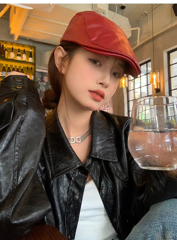 Red retro leather front hat, Korean style versatile duck tongue beret, fashionable newsboy cap, face-showing small hat pic 7