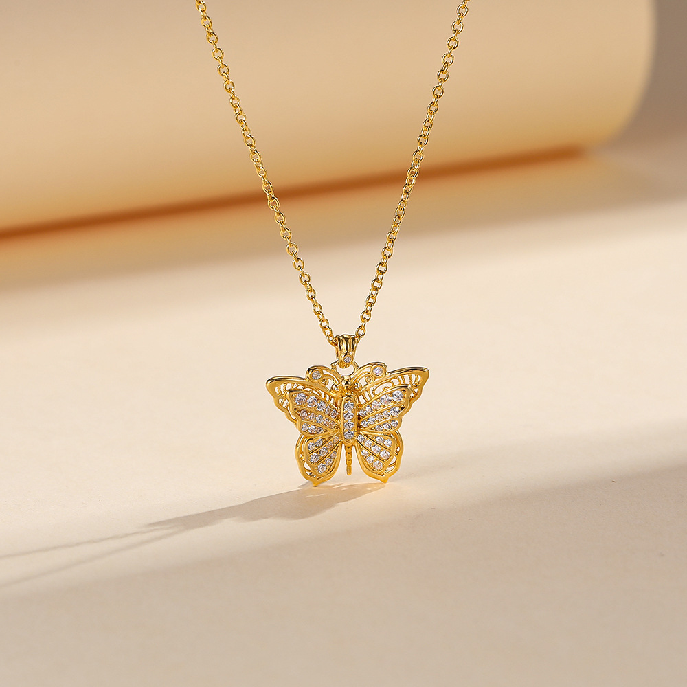 s925纯银古法锆石蝴蝶满钻毛衣链复古轻奢双层立体吊坠女银项链详情5