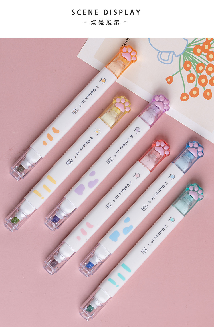 猫爪荧光笔标记笔学生用彩色划重点彩笔做笔记专用手账笔莫兰迪色详情11