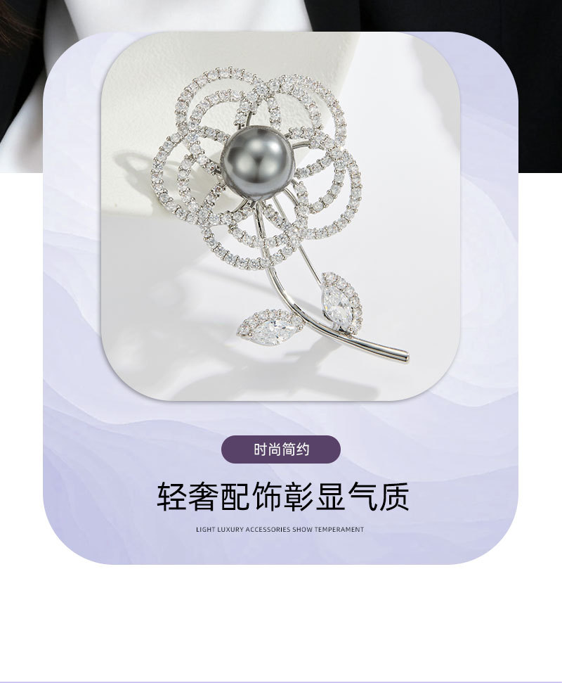 Light luxury daily commuting style zirconium hollowed-out flower brooch, copper alloy inlaid zircon high-end fashion pin brooch pic 10