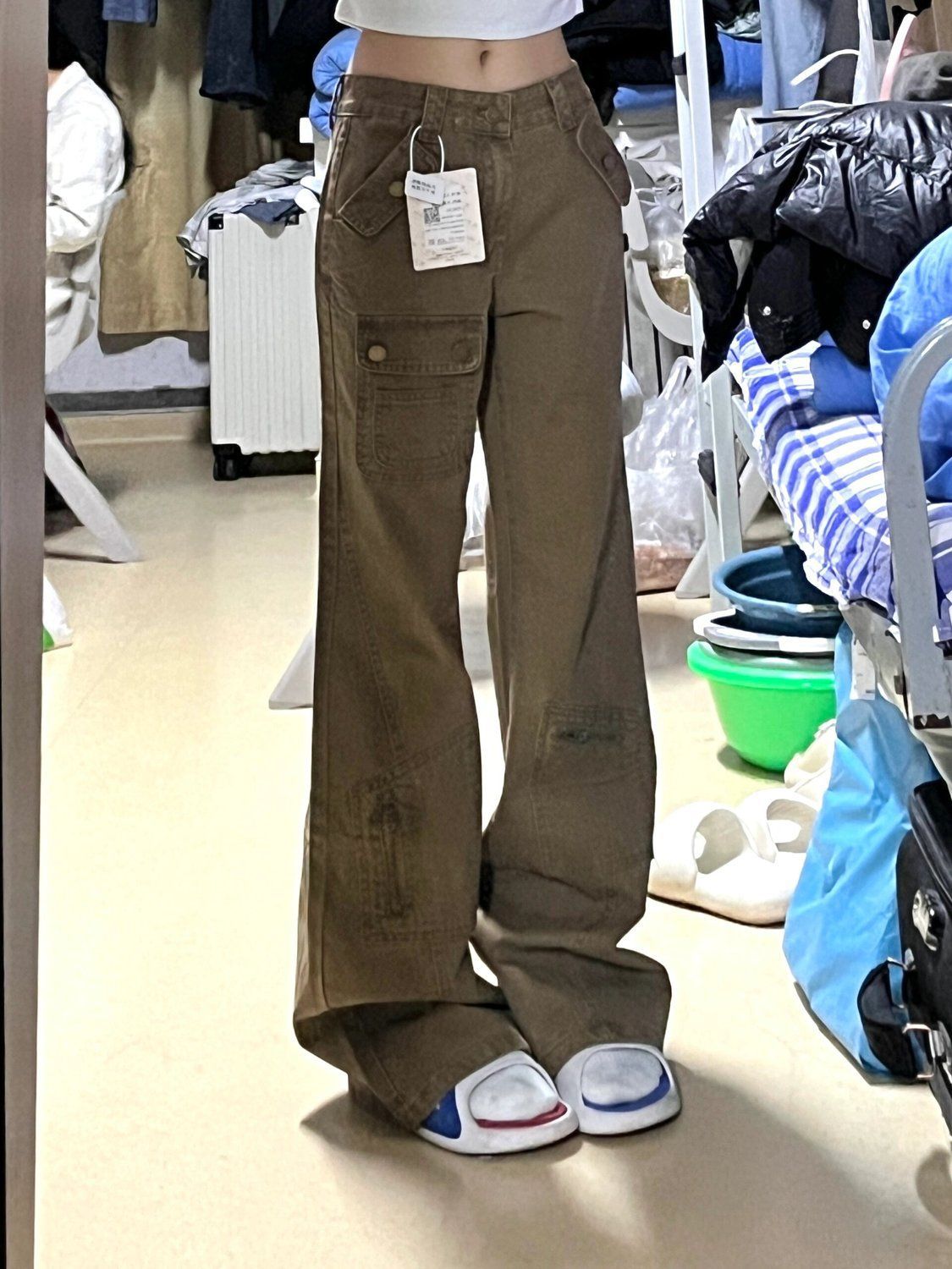 Khaki narrow edition workwear jeans for children 2025 Spring and Autumn new style Korean high-waisted loose slimming slightly flared pants pic 3