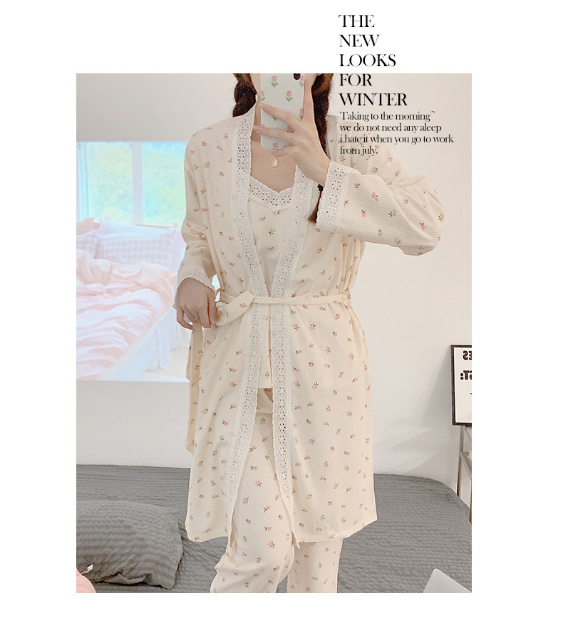 New spring and autumn pajamas for women with breast pads, sexy halter tops, long-sleeved shirts and long pants, three-piece set, lace floral home wear pic 6