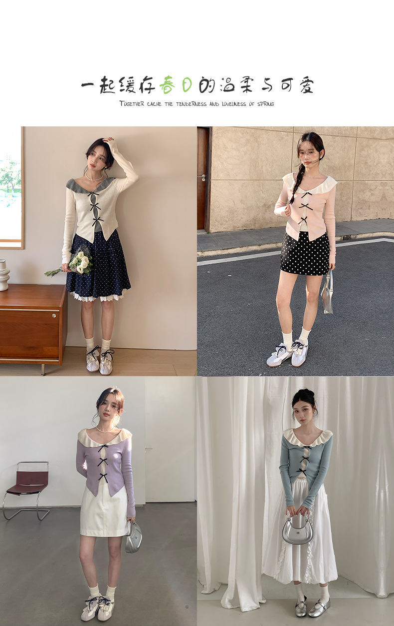 衣尔衫 设计感 假两件娃娃领蝴蝶结针织衫女短款温柔修身气质0337详情5