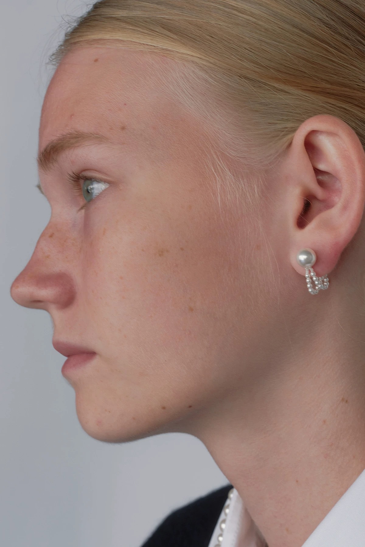 施家正圆珍珠耳钉链条小众时髦百搭气质通勤简约通体s925纯银耳饰详情3