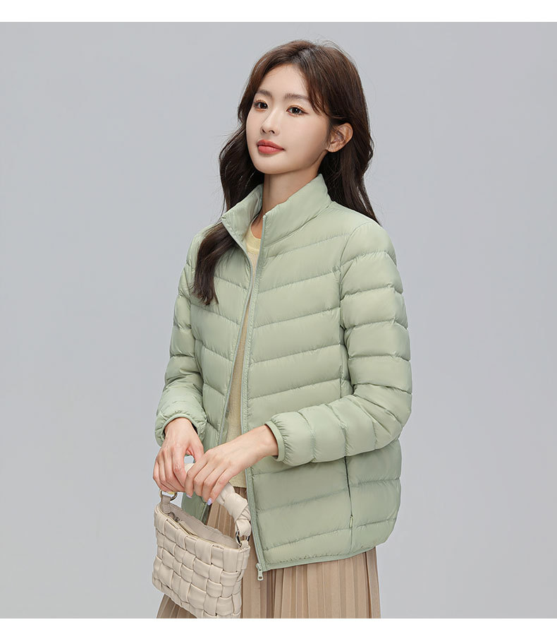 A light and thin down jacket for women in the autumn and winter of 2025, a short 90mm white duck down winter stand-up collar, a slimming casual coat trend pic 14
