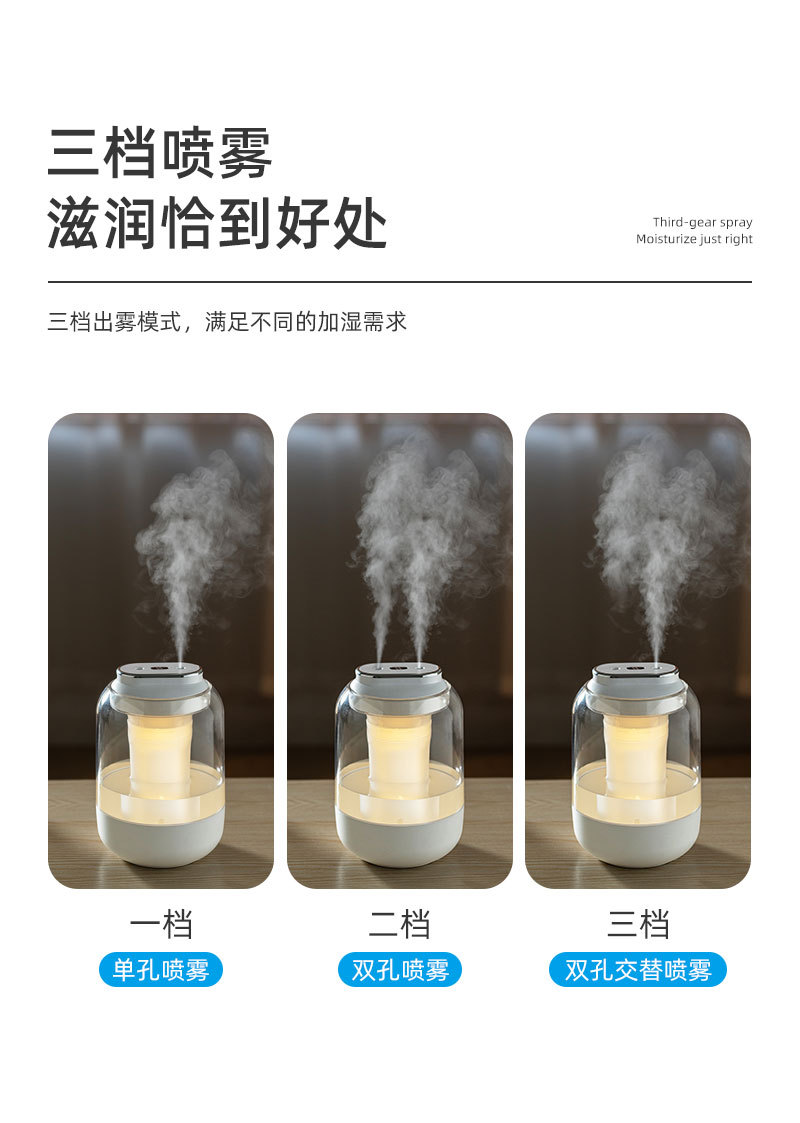 跨境新款2L双喷加湿器usb大容量静音家用小夜灯超声波空气加湿器详情8