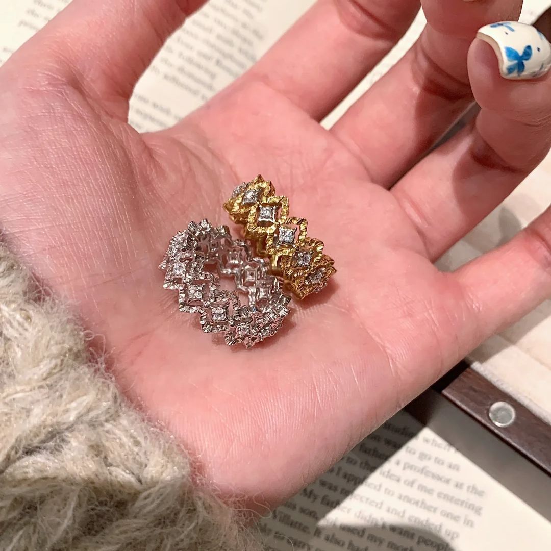 意大利布契风蕾丝花边戒指Vintage中古拉丝菱格镂空调金镶钻指环戒指饰品详情8