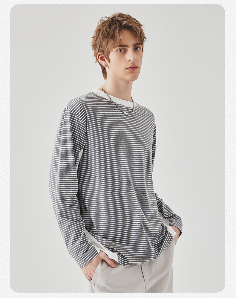 APO男装|撞色条纹长袖T恤男士春秋季潮牌宽松圆领内搭上衣打底衫详情10