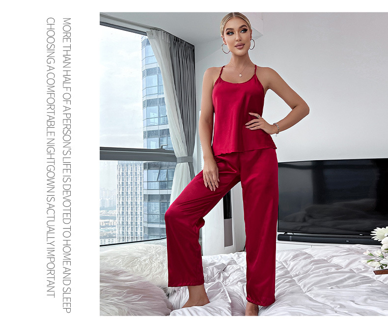 欧美跨境冰丝家居服透气露背吊带裙长裤套装女仿真丝绸睡衣批发详情8