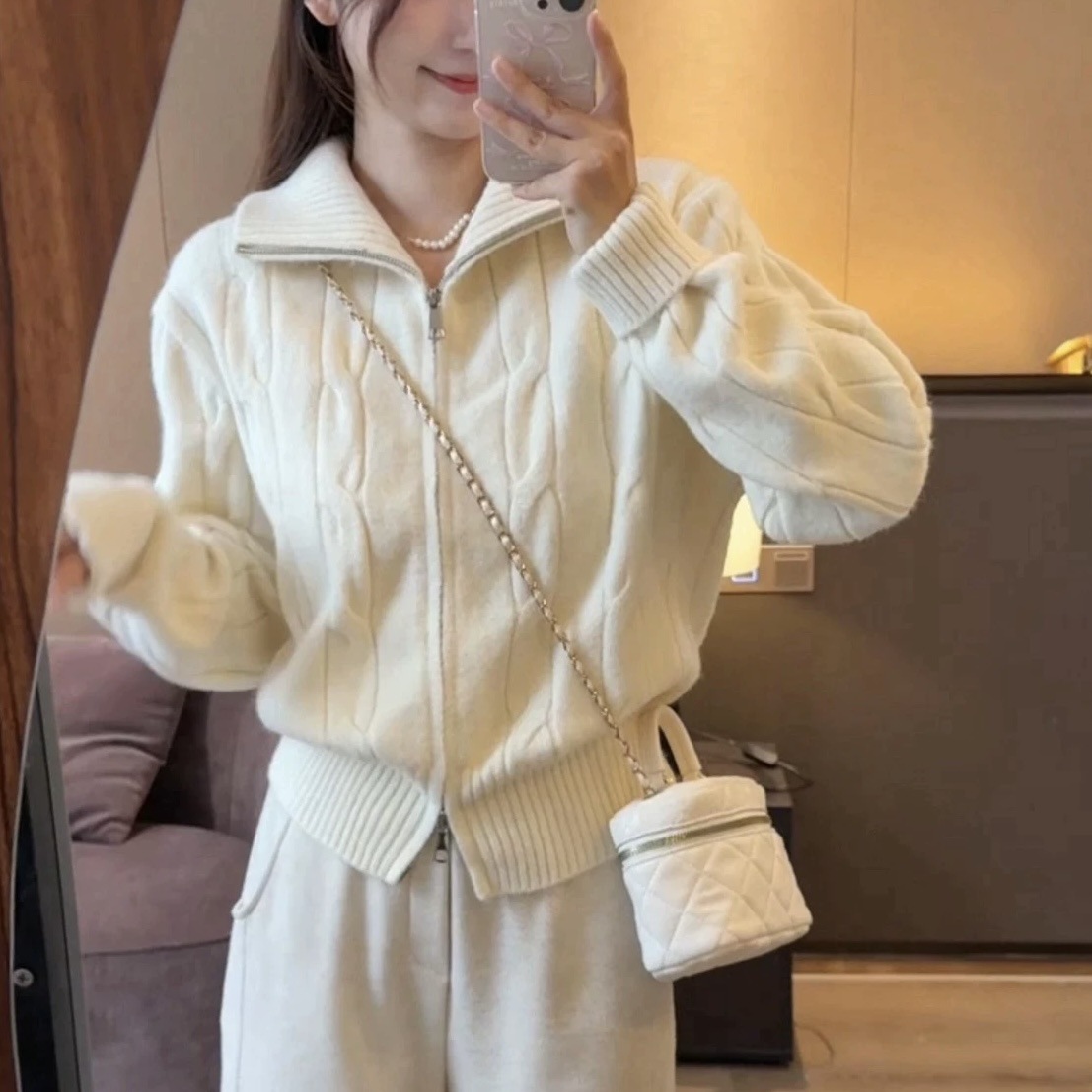 Solid-color casual double-zipper twisted knit cardigan coat, fashionable and versatile, new autumn and winter style sweater top for women pic 9