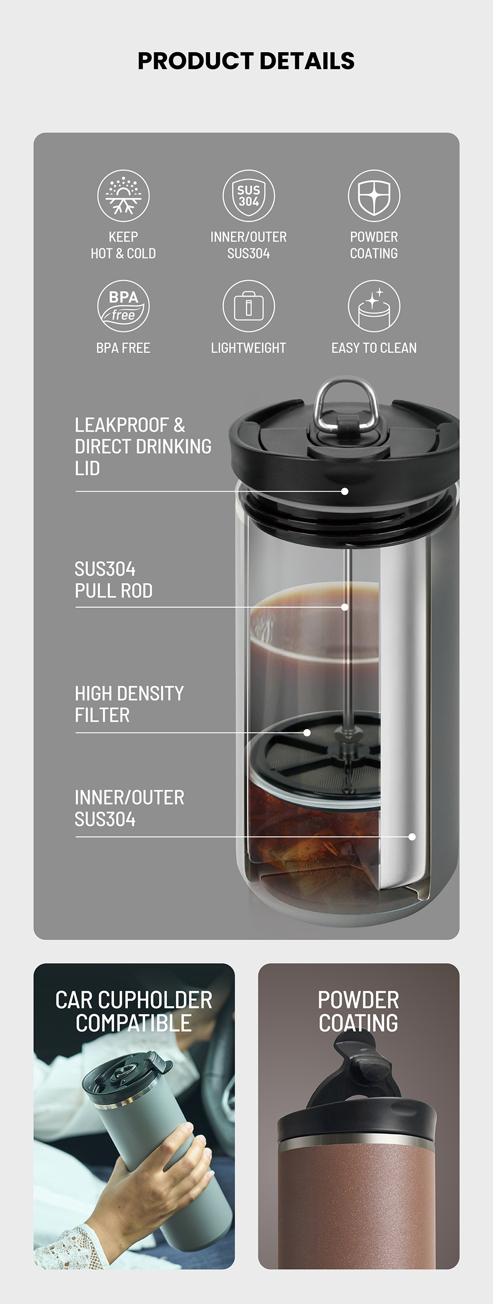 TYESO/ Taishuo Portable French Press Cup, a light luxury office car travel cold brew tea and coffee cup with heat and cold preservation pic 6