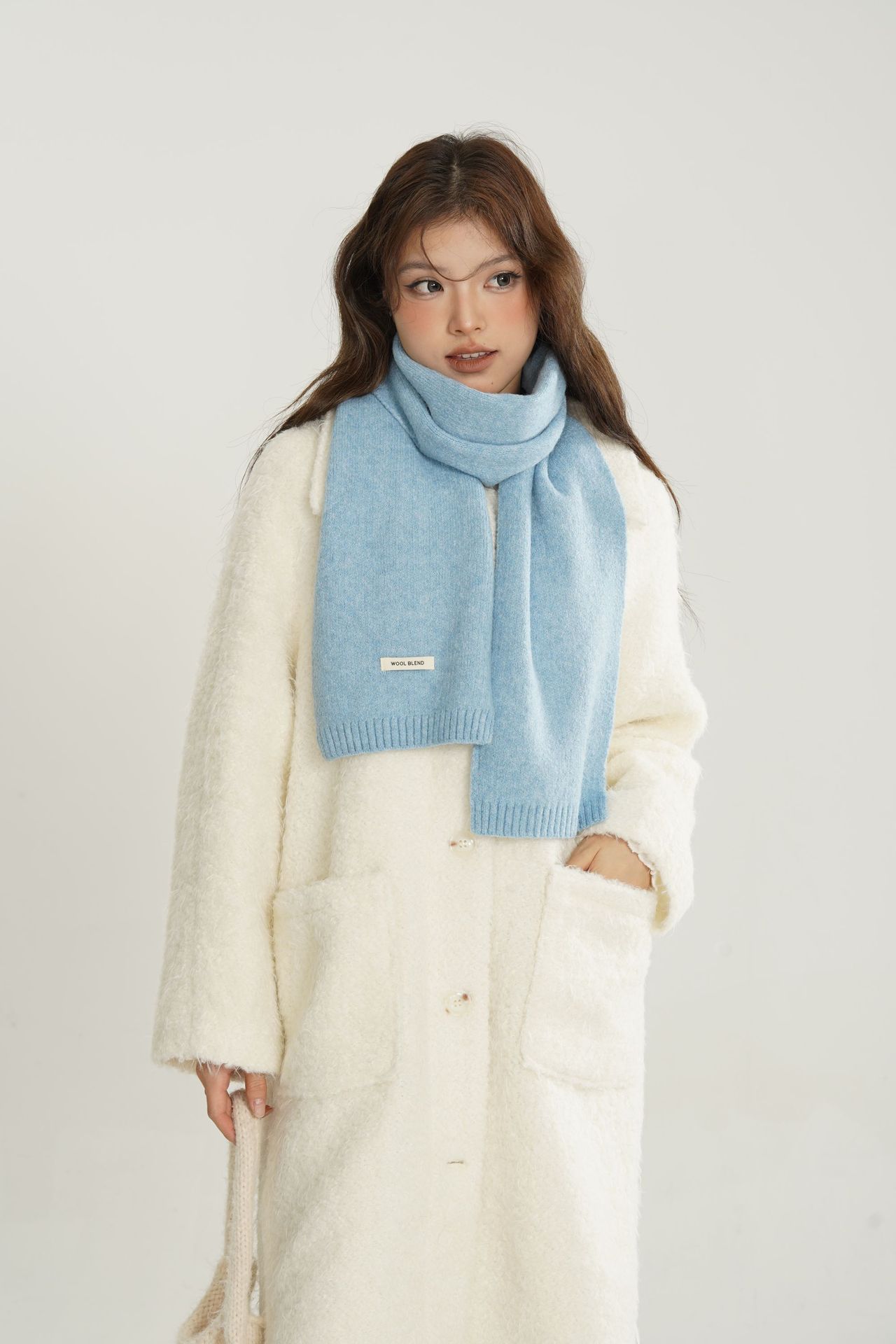 Solid-color wool blend scarf for women, autumn and winter, knitted woolen, warm, Korean-style, versatile, fashionable, fresh and sweet neck pic 14