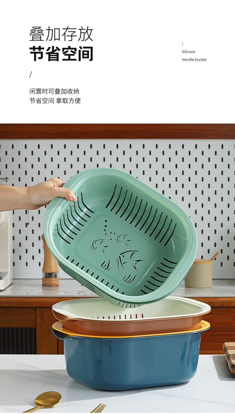 Creative household kitchen double-layer draining basket, creative fruit and vegetable washing basin, plastic multi-functional bowl and chopsticks draining pic 10