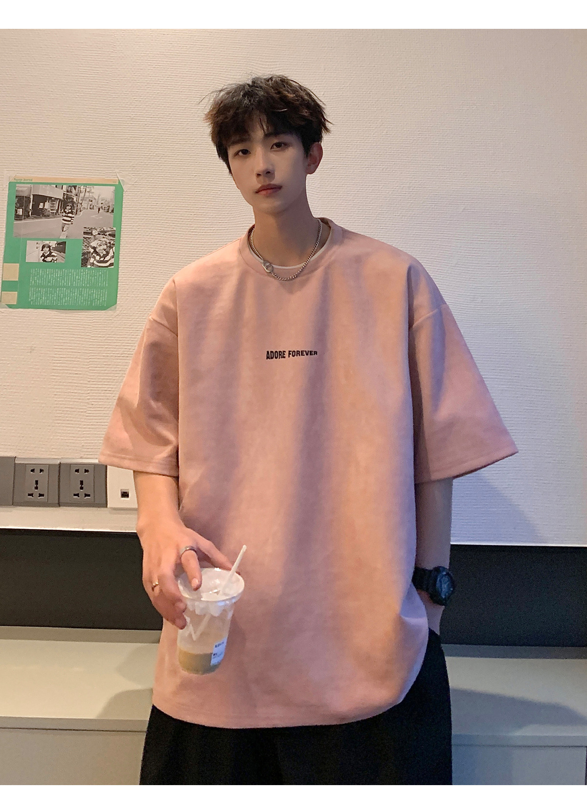 Avocado Green 320g heavyweight T-shirt for men, American retro suede short-sleeved, oversized small collar, three-quarter sleeve pic 37