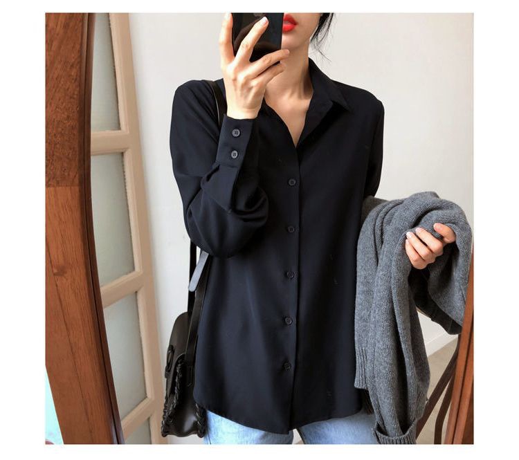 Black chiffon shirt for women, loose polo collar long-sleeved top, professional OL, solid color Hong Kong-style base, elegant shirt for women pic 8