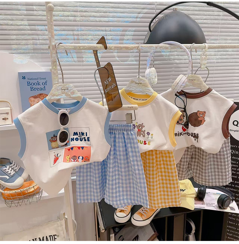 夏季新款百搭涂鸦背心格子t恤短裤两件套男女童套装莱卡棉详情10