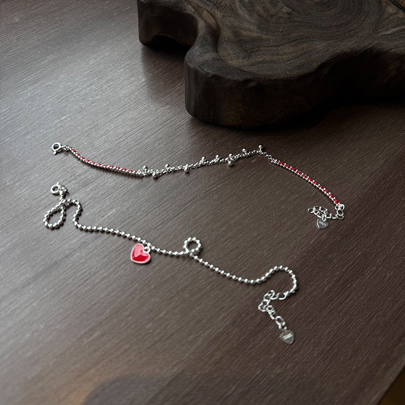 925纯银红色爱心脚链女日韩国简约手工圆珠脚镯学生闺蜜配饰详情5