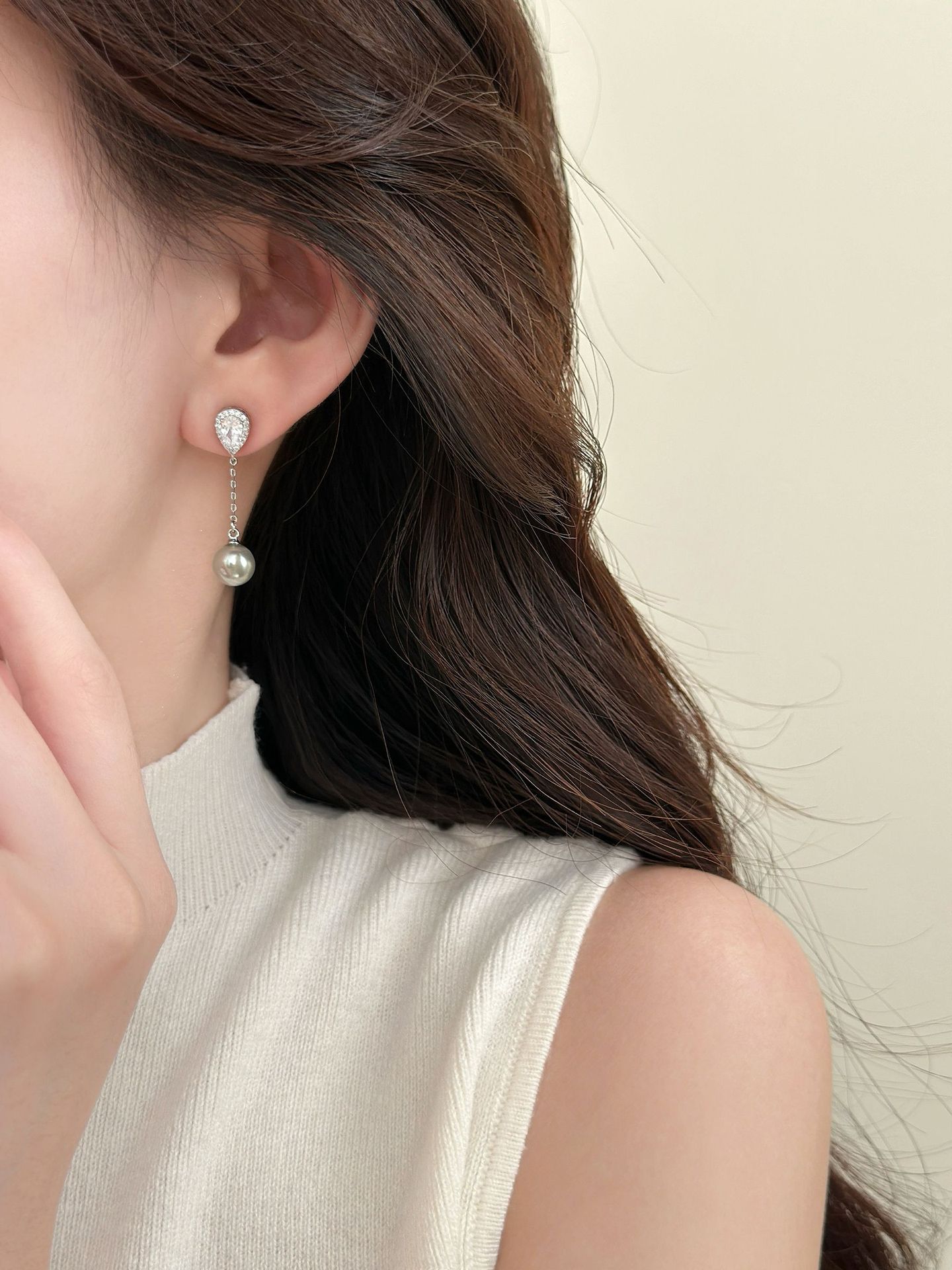 银针轻奢锆石水滴珍珠款流苏耳钉法式气质百搭耳环简约高级感耳饰详情6