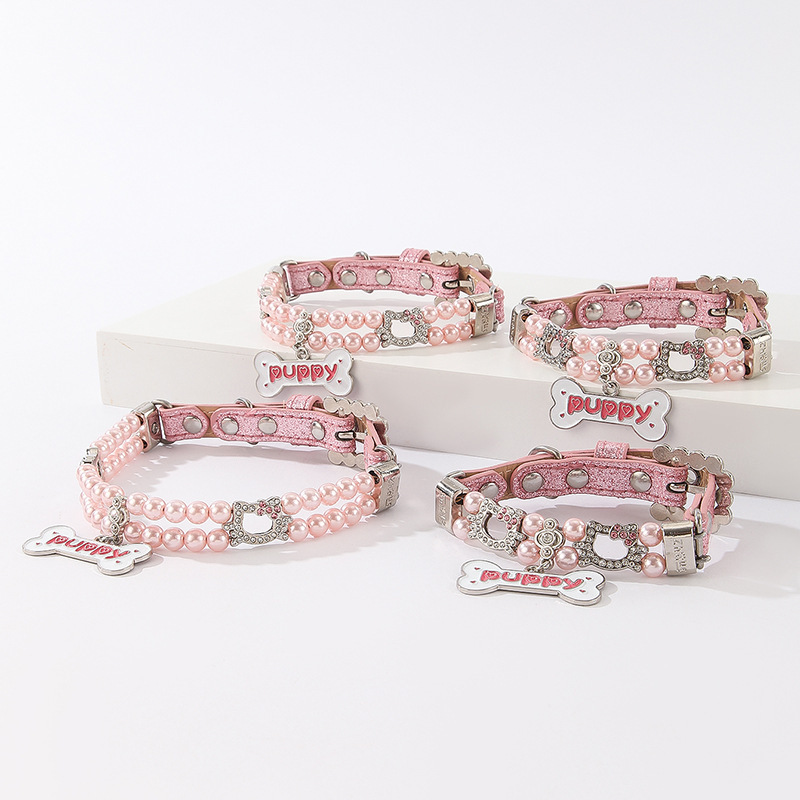 New pet beaded large bone pendant collar, small cat and dog simulation pearl water diamond cat head beaded cat chain necklaces pic 11